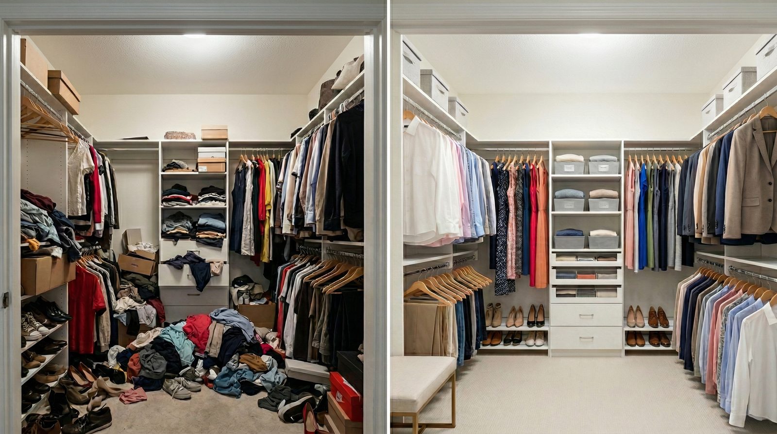 Sorting and organizing walk-in closet